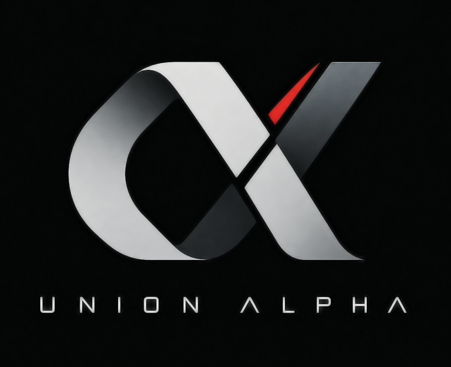 Union Alpha’s metallic silver and graphite ribbon logo, with a red accent